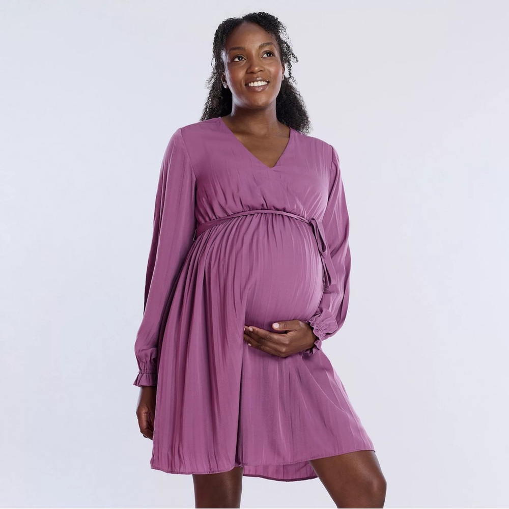 Maternity Motherhood Woven Wrap Mini Dress Elegant Purple Maternity Dress